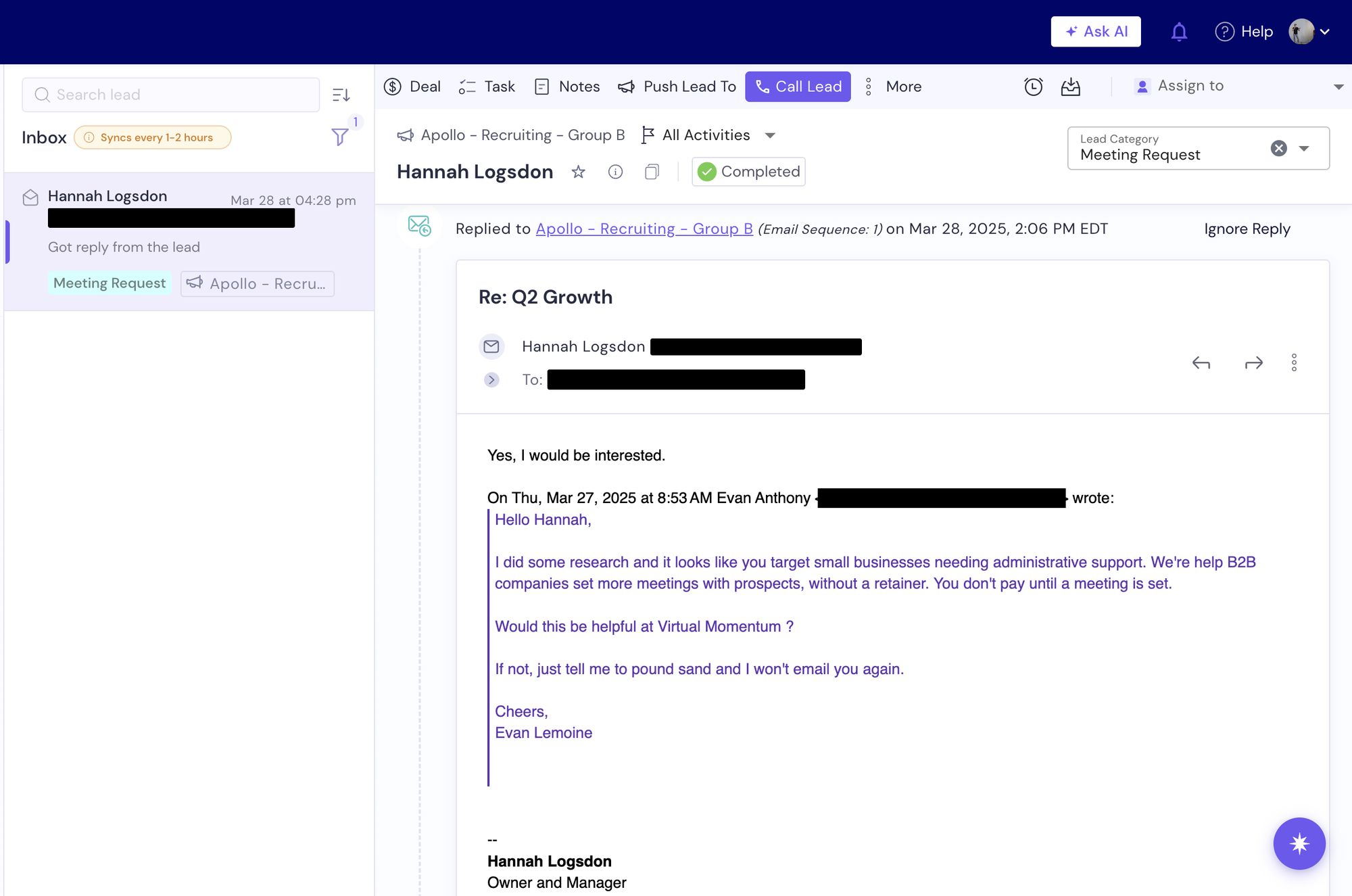 SmartLead inbox: prospect at Virtual Momentum replies 'Yes, I would be interested.' to a cold email. Tagged Meeting Request.