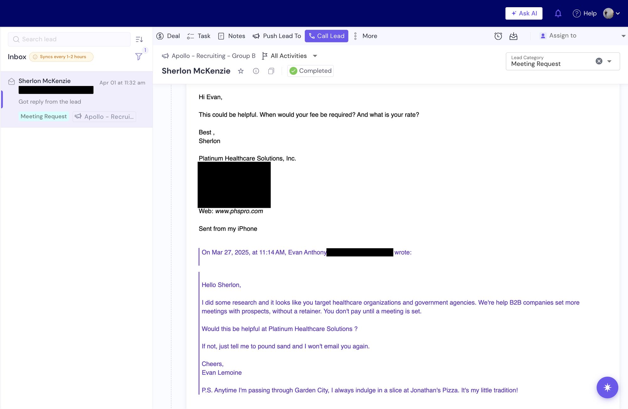 SmartLead inbox: prospect at Platinum Healthcare Solutions asks about fees and rate in reply to a cold email. Tagged Meeting Request.