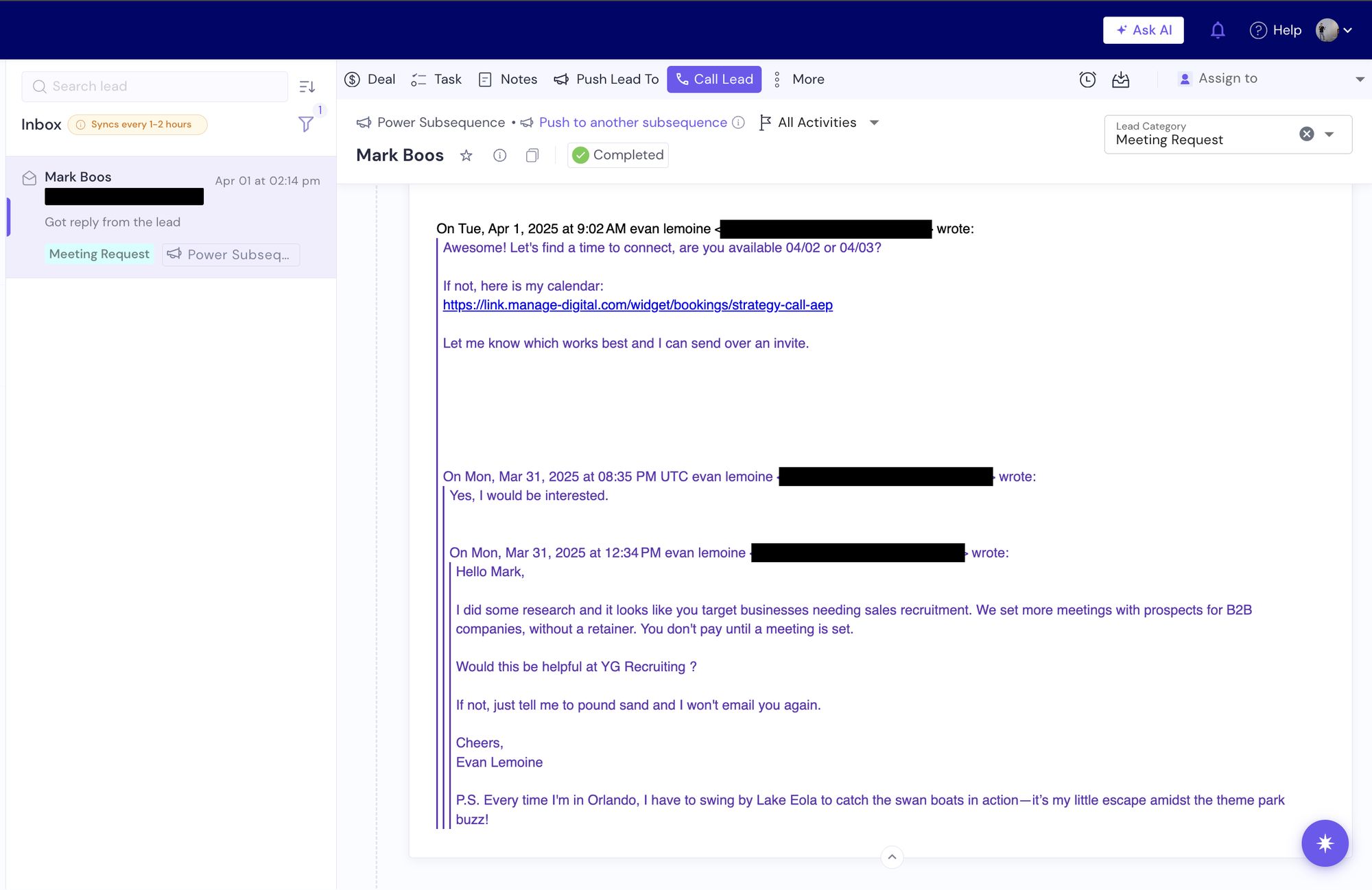 SmartLead inbox: prospect at YG Recruiting replies to a cold email and books a meeting. Tagged Meeting Request.