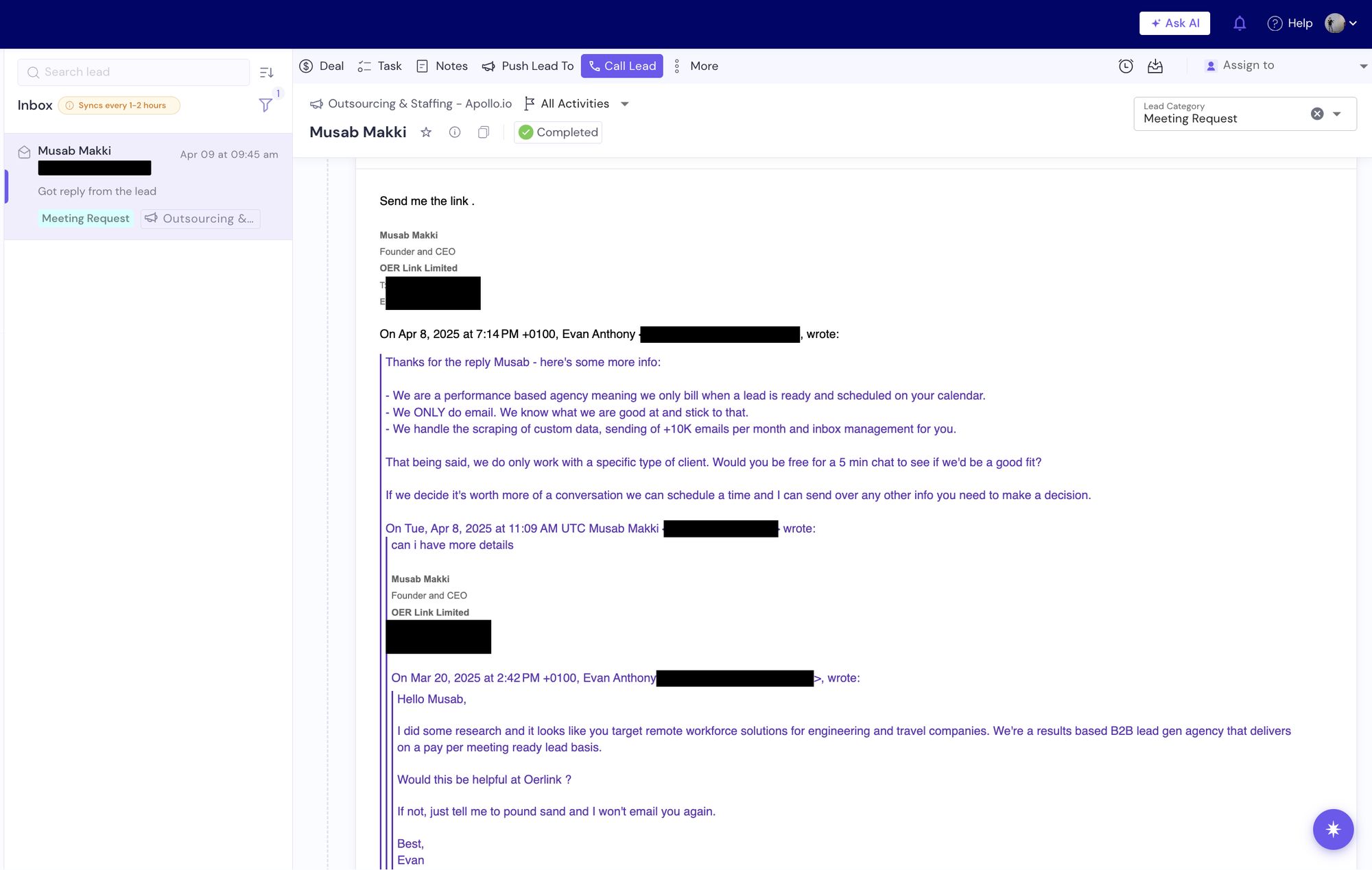 SmartLead inbox: prospect at OER Link replies 'Send me the link.' after a cold email. Tagged Meeting Request.